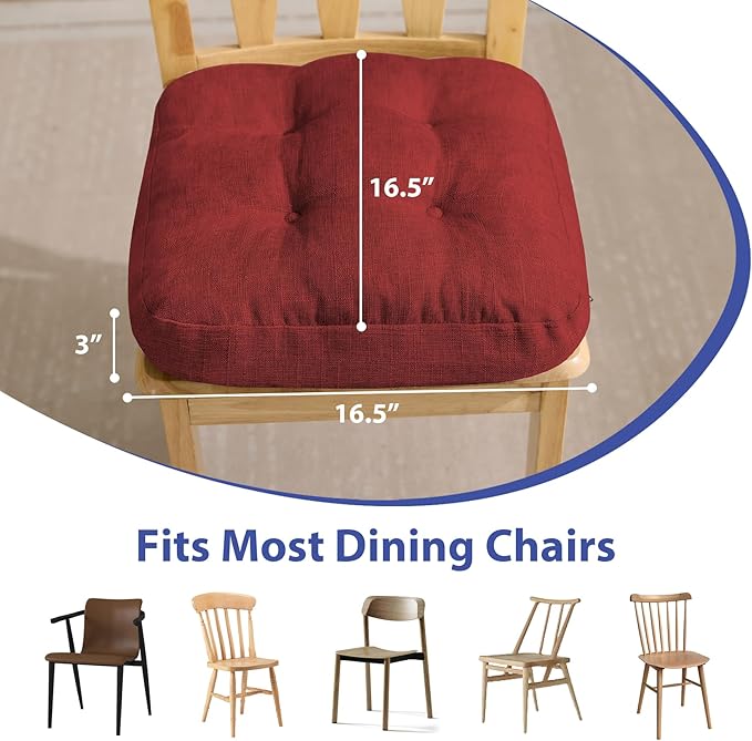 IASEAHK Chair Cushions for Dining Chairs, Dining Chair Cushions, Tufted Indoor Chair Pads with Ties & Non Slip Backing, Seat Cushions for Kitchen Chairs 16.5” x 16.5” x 3.5”, Set of 4, Red