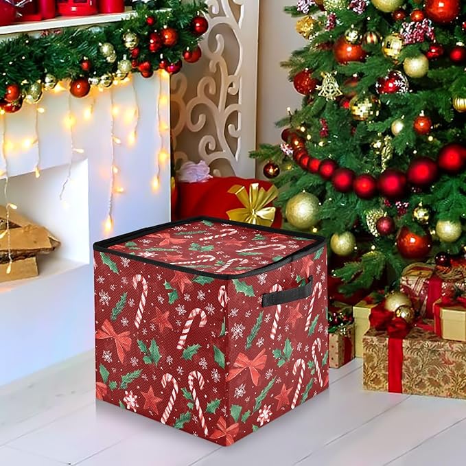 Red Silver Christmas Ornament Storage Basket Box Winter Snowflake Xmas Holiday Storage Container Cube with Adjustable Dividers for 64 Holiday Ornaments or Decorations Keeps Clean and Dry