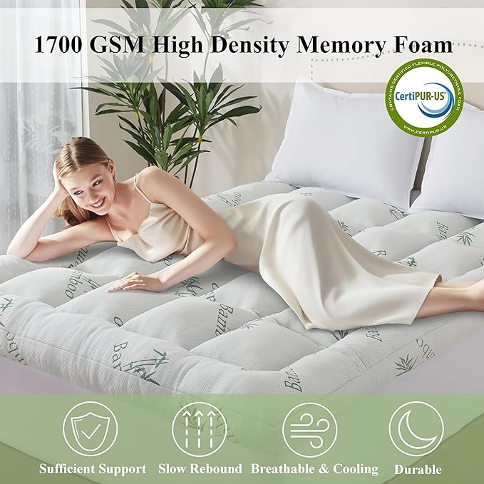 ELNIDO QUEEN® 3 Inch Memory Foam Mattress Topper Twin Size - Cooling Breathable Bamboo Viscose Pillow Top for Hot Sleepers, 1700 GSM Fill, Ultra Soft Mattress Pad for Back Pain Relief, 3"x39"x75"