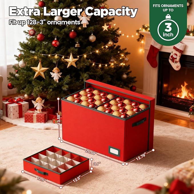 Christmas Ornament Storage Box-Hold 128 Ornaments, Xmas Ornament Organizer Storage box with Lid and Adjustable Dividers, Extra Large Holiday decorations Storage Container with Individual Trays, Red