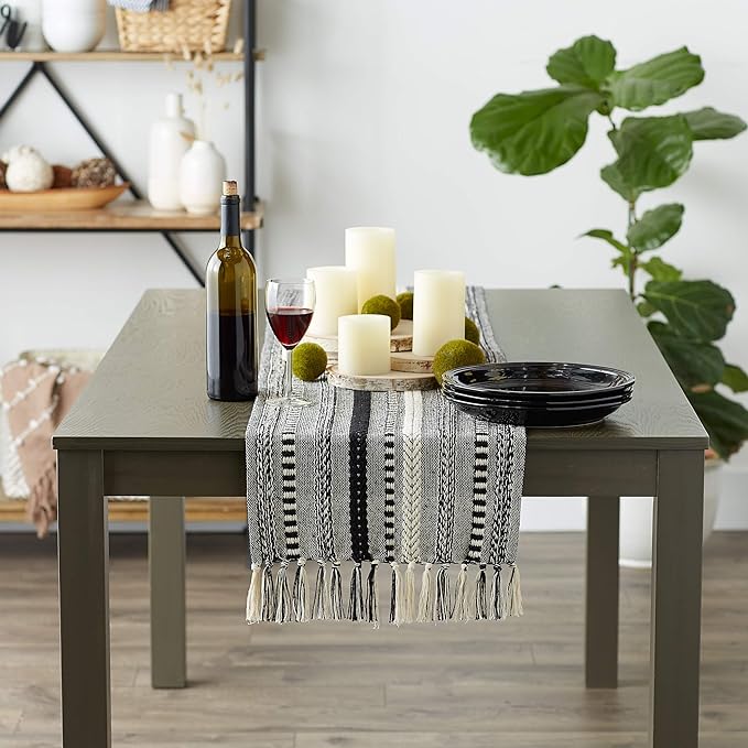 DII Farmhouse Braided Stripe Table Runner Collection, 15x72 (15x77, Fringe Included), Stone (Pack of 12)