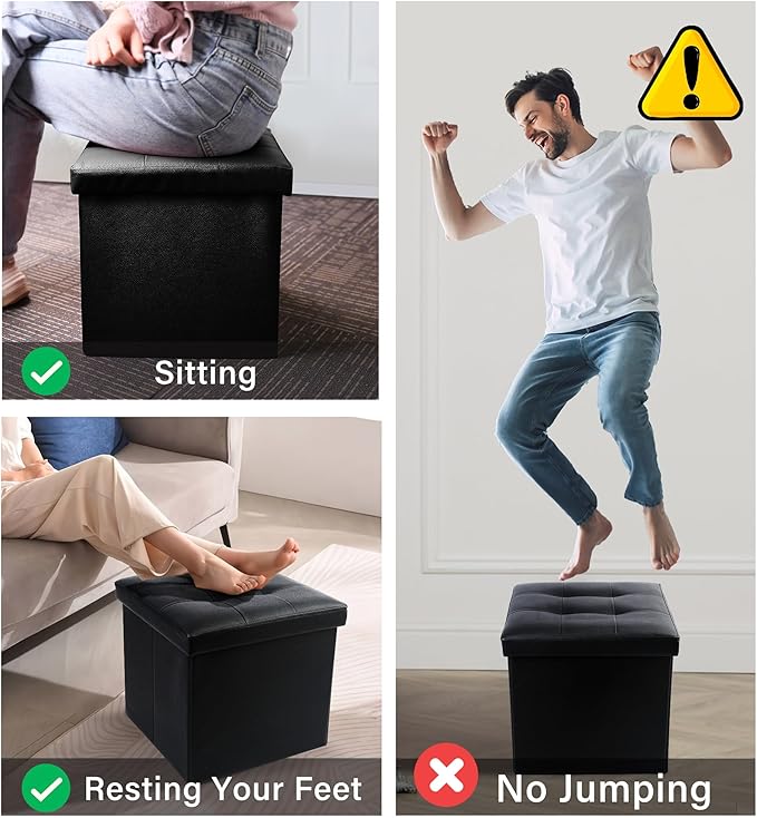 LotFancy Storage Ottoman, Foldable Foot Rest Stool, 13x12x12 Inches Small Leather Bench with Storage, Holds up to 260 lb, for Living Room, Bedroom, Dorm, Black