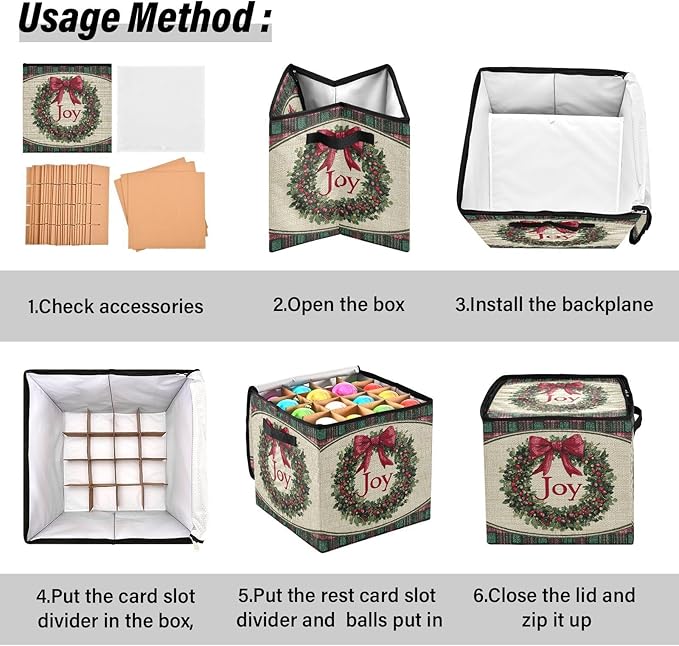 Jingle Bells Christmas Ornament Storage Basket Box Red Green Buffalo Plaid Holiday Storage Container Cube with Adjustable Dividers for 64 Holiday Ornaments or Decorations Keeps Clean and Dry