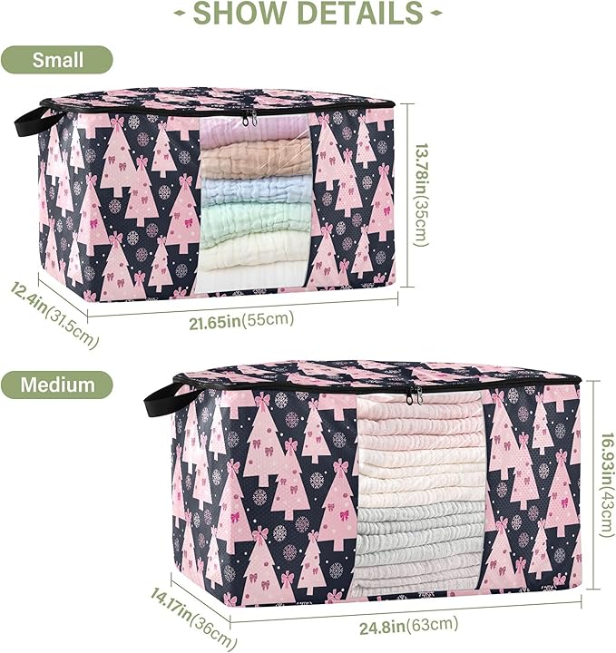 Burbuja Christmas Tree Clothes Storage Bag with Lids and Handle, 2 Pack Foldable Blanket Storage Container with Sturdy Zipper & Clear Window for Bedroom Closet, 60L