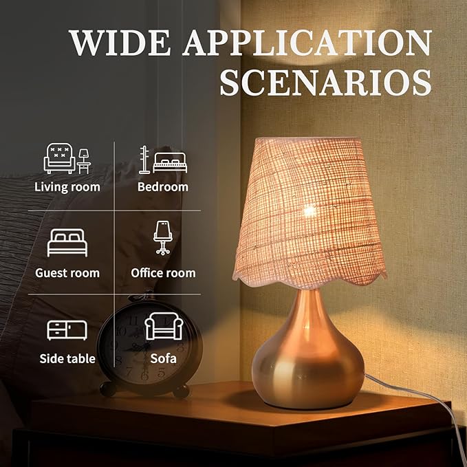 Gold Small Bedside Table Lamp for Bedroom, Brass Gold Mini Table Lamps for Nightstand, Rattan Shade Table Lamps for Small Spaces for Kitchen Counter, Bookshelf, Bedroom, Living Room, Kids Dorm