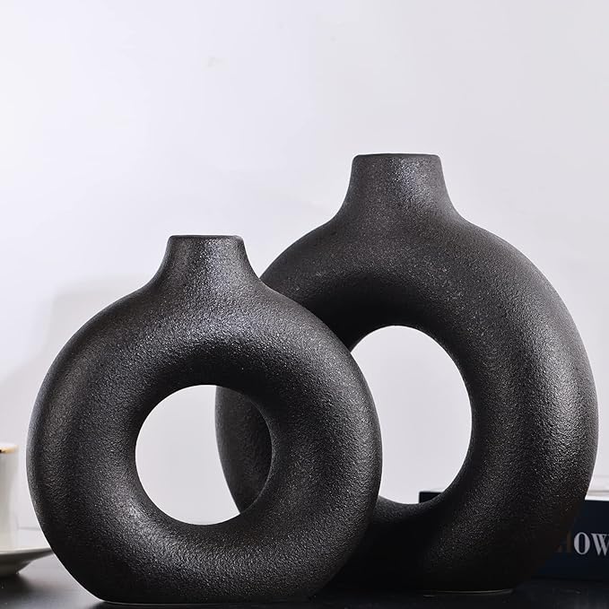 Matte Black Ceramics Vase for Home Decor,Minimalist Nordic Hollow Donut Vase Set of 2,Modern Boho Decor for Kitchen Table Centerpiece,Living Room,Fire Place,Bookshelf,Office,Entryway,Console