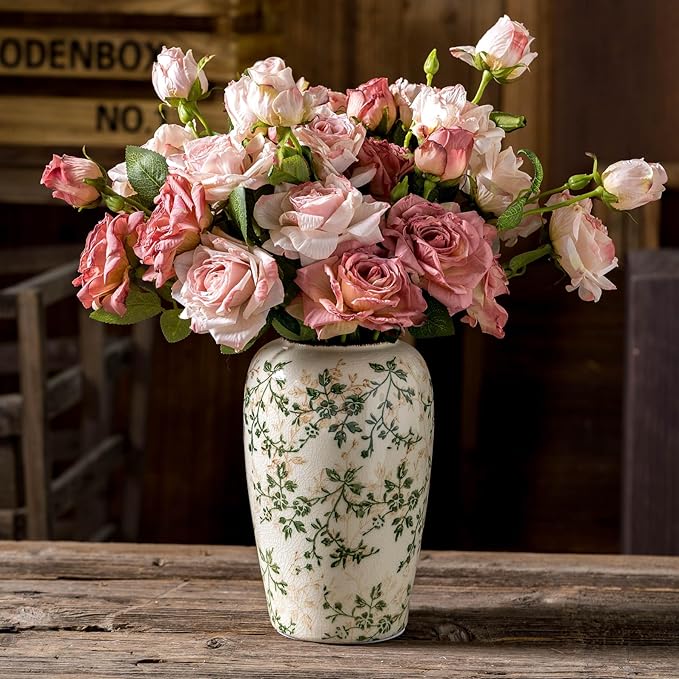 for Mom from Daughter or Son, Vintage Pastoral Green Ceramic Flower Vase 8.5”, Rustic Cottage Core Decor for Living Room, Bookshelf, Office, Mantel & Table Centerpiece