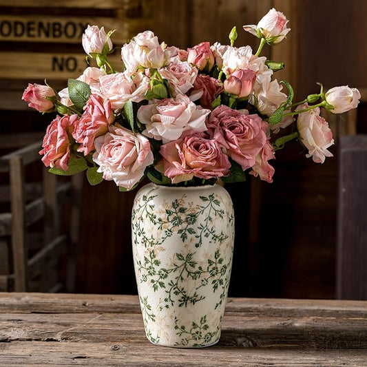 for Mom from Daughter or Son, Vintage Pastoral Green Ceramic Flower Vase 8.5”, Rustic Cottage Core Decor for Living Room, Bookshelf, Office, Mantel & Table Centerpiece
