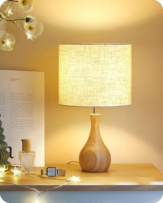 Small Table Lamp, Wood Desk Lamp with Beige Linen Lampshade & Natural Wood Bottle-Shaped Base, Modern Bedside Lamp with Cable, E26 Base, Bulb Not Included, for Bedroom, Kid's Room, ME09TL05