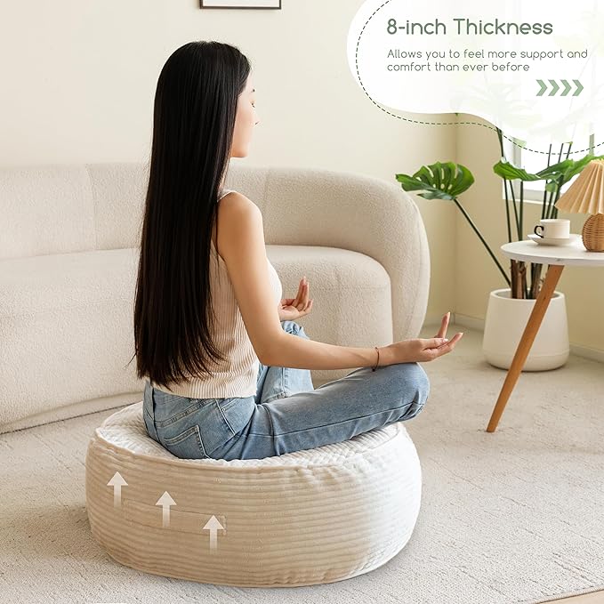 HIGOGOGO 8" Extra Thick Floor Pillow Cushion for Adults, Meditation Cushion Pillow, Large Round Floor Sitting, Tufted Corduroy Cover, for Tatami Living Room or Yoga, 22x22 Inch, Beige