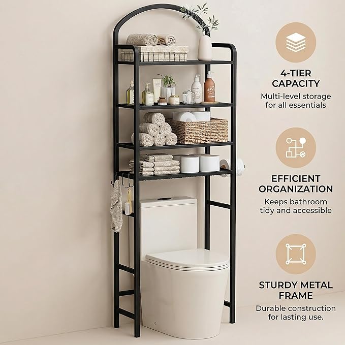 4-Tier Over The Toilet Storage, Bathroom Organizer, Space-Saving, Above Toilet Storage Rack with 4 Hooks and Paper Holder, Metal Shelf, Black
