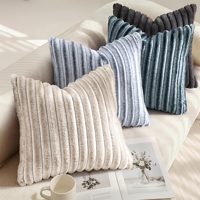decorUhome Cozy Faux Fur Throw Pillow Covers 22x22 Set of 2 Decorative Soft Plush Striped Modern Farmhouse Boho Couch Euro Sham Pillow Cases with Velvet Back for Sofa Bed Living Roomr, Dark Grey
