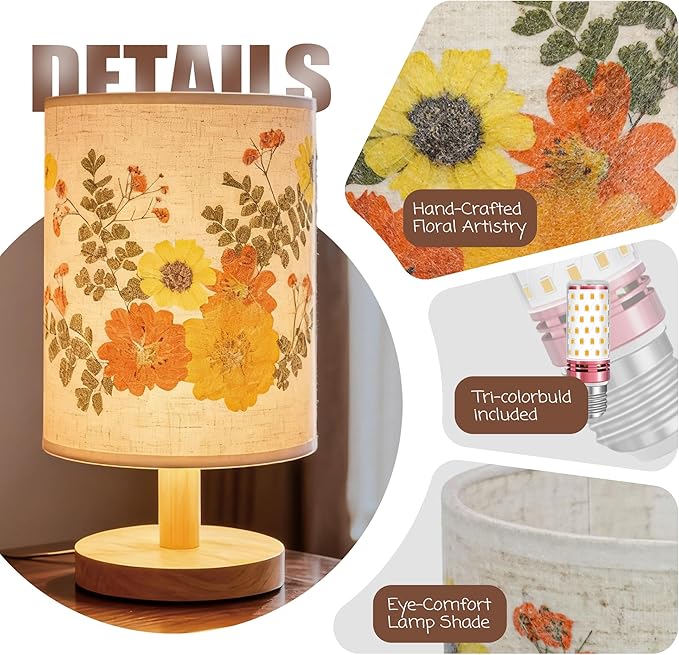 Artisan Crafted Floral Pressed Nightstand Lamp - Handmade Vintage Table Light with Adjustable Warm Glow for Bedroom, Office, or Living Room Decor (Yellow)