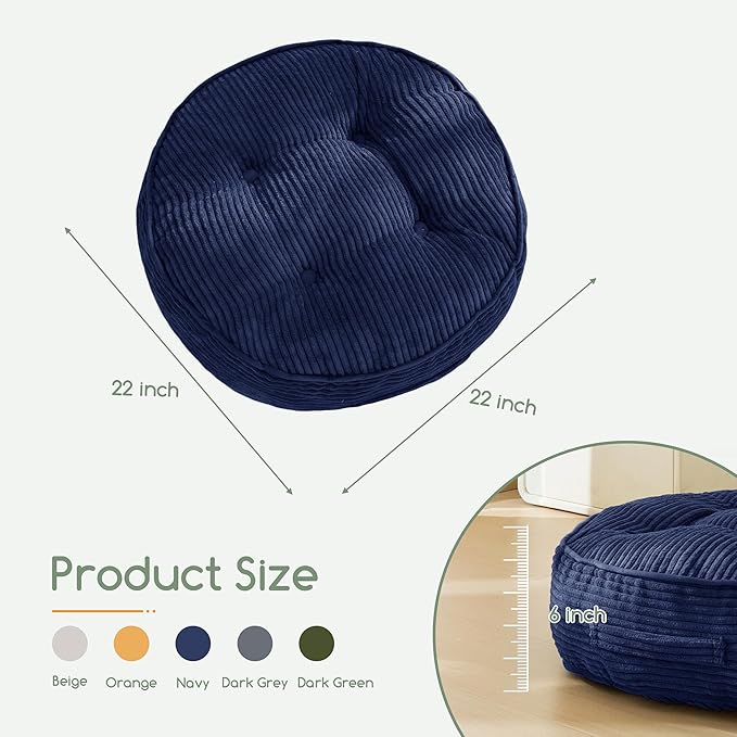 HIGOGOGO 6" Extra Thick Floor Pillow Cushion for Adults, Meditation Cushion Pillow, Large Round Floor Sitting, Tufted Corduroy Cover, for Tatami Living Room or Yoga, 22x22 Inch, Navy