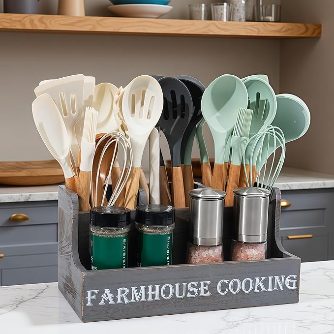 LIBODOUR Utensil Holder,Utensil Holder Kitchen for Counter,Cooking Spatula Organizer With 4 Compartments,Farmhouse Wooden Storage Rustic Flatware Spoon Tool Organizer(Grey Grain)