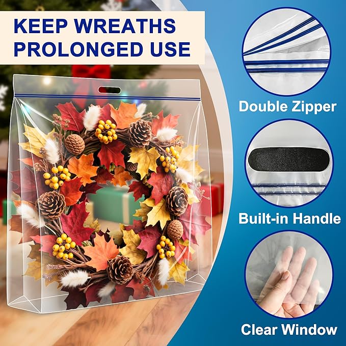 Extra Large Clear Wreath Storage Plastic Bag with Handle For Halloween Summer Christmas Decoration or Clothing Blanket Comforters Bed Sheets Pillows, 4 Pack, 28"x28"x7"