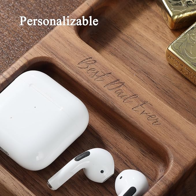 Personalized Walnut Valet Tray – Custom Engraved Wooden Nightstand Organizer, Personalized Gift for Dad Mom Men Women Husband Wife Lover Friend