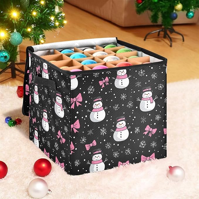Black Christmas Ornament Storage Basket Box Winter Snowflake Xmas Holiday Storage Container Cube with Adjustable Dividers for 64 Holiday Ornaments or Decorations Keeps Clean and Dry for Next Season