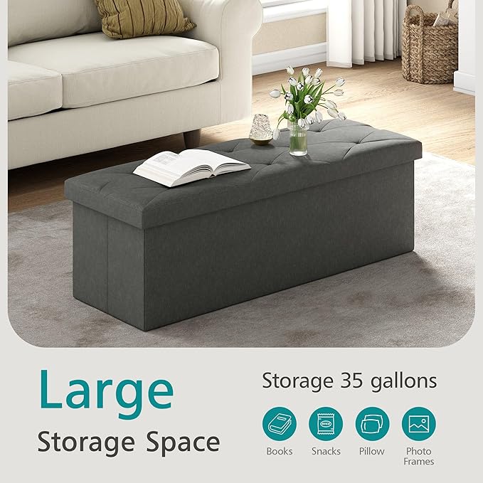VECELO 43'' Folding Storage Ottoman Bench, Storage Chest, Linen Fabric Foot Rest Stool, 158L Storage Footstools for Bedroom and Living Room, Holds up to 660 lbs, DGRY