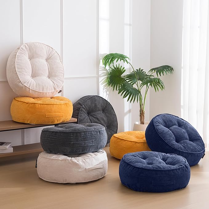 HIGOGOGO 8" Extra Thick Floor Pillow Cushion for Adults, Meditation Cushion Pillow, Large Round Floor Sitting, Tufted Corduroy Cover, for Tatami Living Room or Yoga, 22x22 Inch, Navy