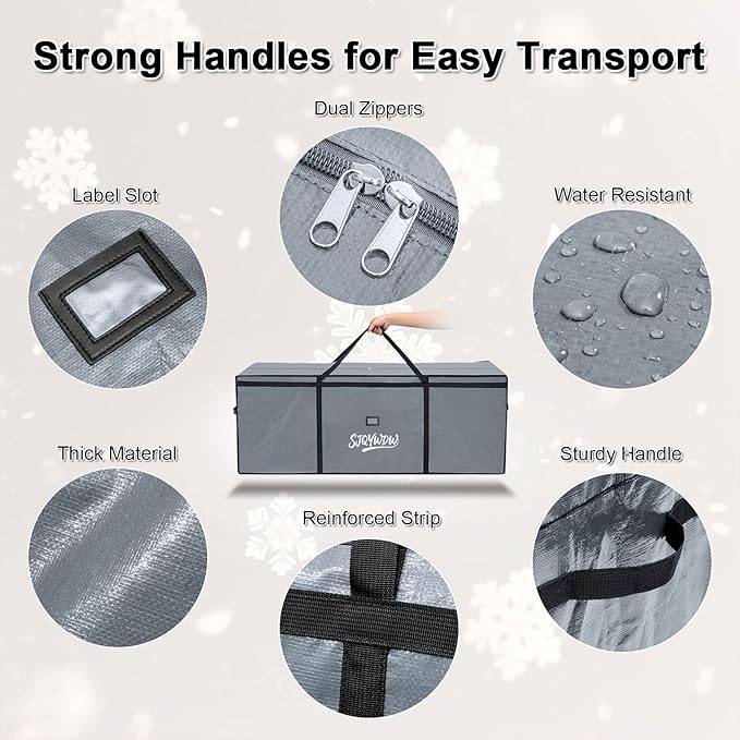 Christmas Tree Storage Bag 9ft, Heavy Duty Artificial Xmas Bag with Reinforced Handles, Dual Zippers Wide Opening, Two Mesh Pockets, PE Large Storage Container for Decorations Trees (Grey)