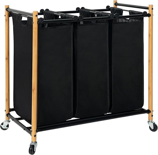 STORAGE MANIAC Laundry Sorter, Laundry Hamper with Wheels, Laundry Basket Sorter, Laundry Separator Hamper, Laundry Divider Hamper (Bamboo, 3 Section)