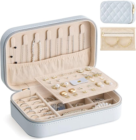 Lolalet Travel Jewelry Case for Women Girls, PU Leather Jewelry Organizer with Clear Storage Bag Small Portable Jewelry Box for Necklace Bracelet Earring Ring Mothers Day Birthday Gifts -Medium/Blue
