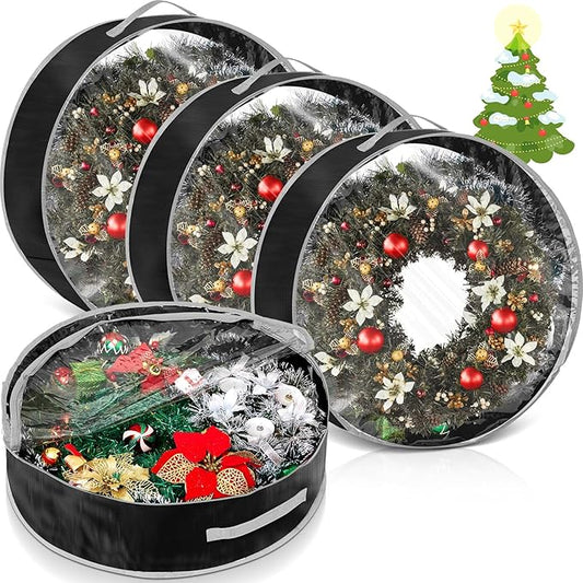 4 Pcs Christmas Wreath Storage Bag, Christmas Garland Storage Container with Clear Window, Zipper & Handle for Xmas Holiday Seasonal Wreath Garland Box(Black,24")