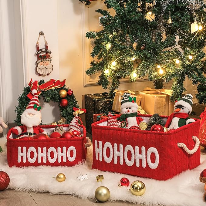 INough Christmas Gift Basket, Large Red Empty Storage Basket with Handle, Holiday Organizer for Toys, Gifts, Baby Items and Home Christmas Decorations