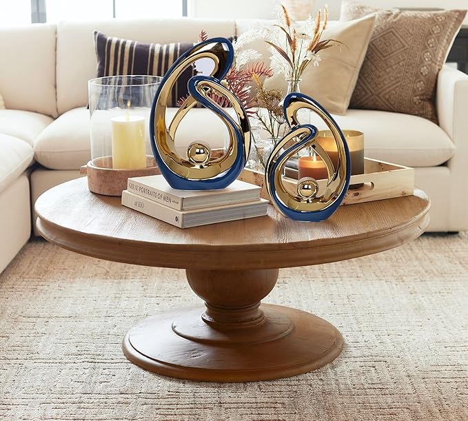 2 PCS Navy Blue Decor Accent Ceramic Statue Blue Gold Mid Century Modern Home Decor Accents Sculpture Decorations Centerpieces for Living Room Bookshelf Shelf Coffee Table Kitchen Office Dining Table