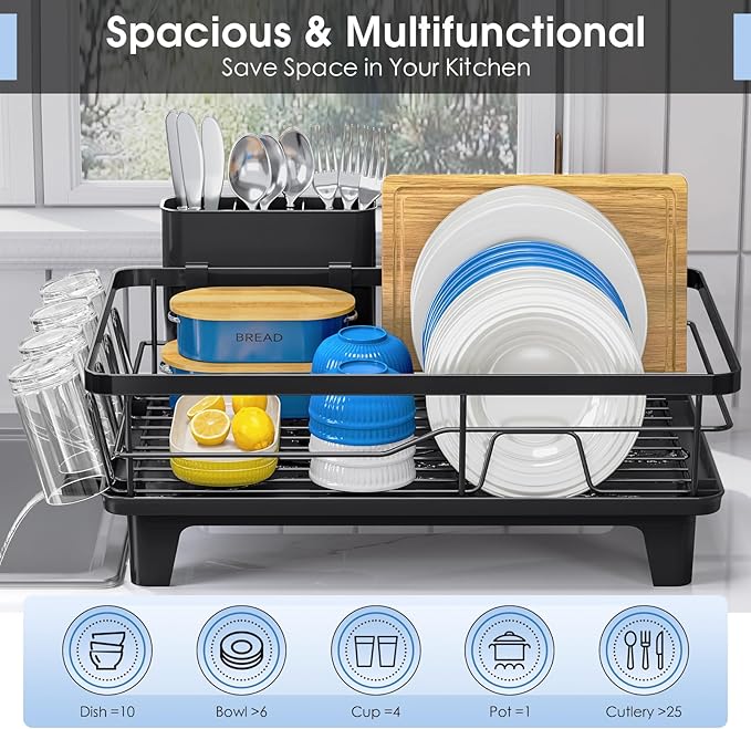 Urackify Dish Drying Rack for Kitchen Counter, Sink Dish Rack with Drainboard 12.2" W x 16.5" L, Large Dish Drainer with Cutlery Holder, Home Countertop Plate Dryer Storage Rack, Black