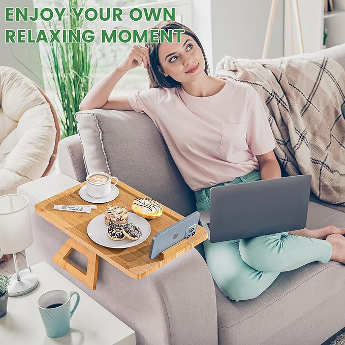 Youpehom Bamboo Sofa Tray,Couch Arm Table, Clip-On Armrest Tray Table for Wide Couch Foldable Tray with 360° Phone Holder Couch Arm Tray for Eating/Drinks/Snacks/Remote