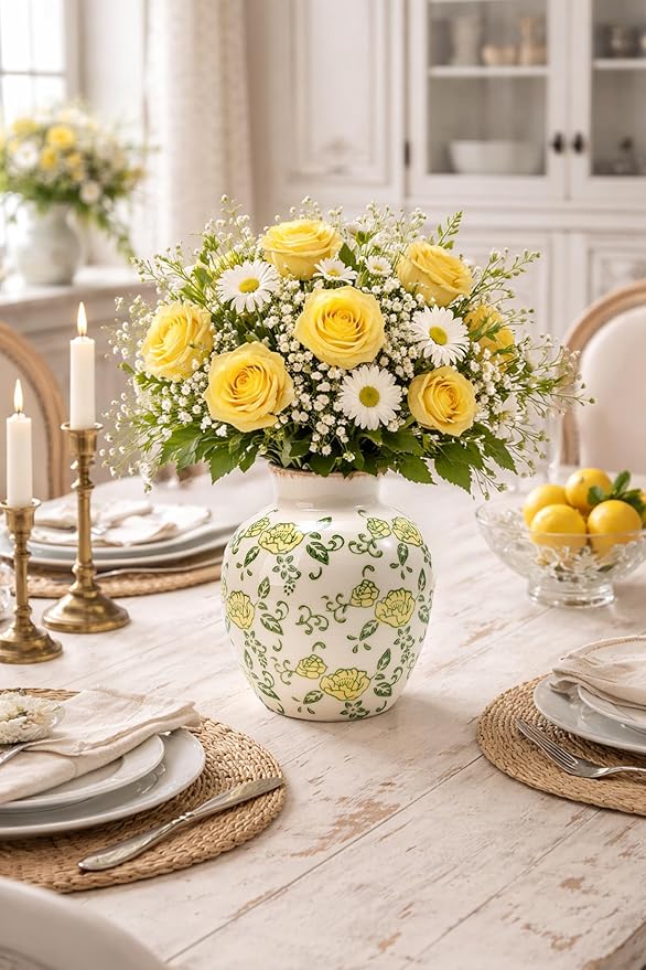 SIDUCAL Ceramic Vintage Vase, 5.83 Inch Yellow Rose Chinoiserie Floral Vase, Rustic Farmhouse Vases for Bouquet, Home Decor, Living Room, Bookshelf, Garden, Tuscan Decor