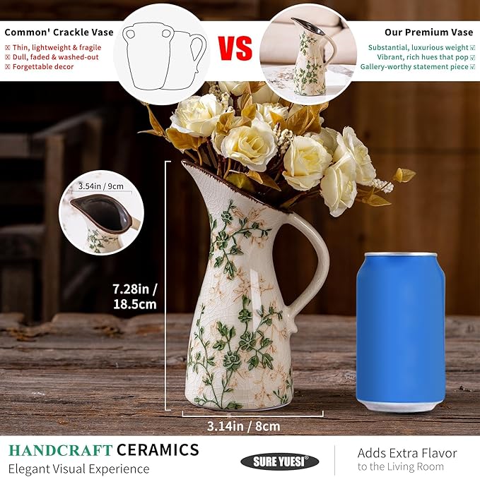 for Mom from Daughter or Son, SURE YUESI 7.3” Green Handcrafted Ceramic Pitcher Vase, Vintage Pastoral Floral Vase, Farmhouse Chinoiserie Tuscan Cottage Core Rustic Table Centerpiece