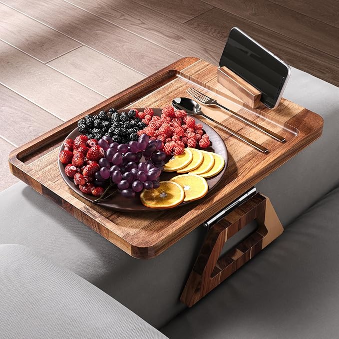 Acacia Wood Couch Arm Tray with 360°Phone Holder,Folding Sofa Armrest Tray,Couch Arm Table Clip-On Couch Desk for Drinks,Snacks,Phone,Remote Control