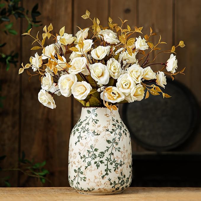for Mom from Daughter or Son, Green & Beige Vintage Chinoiserie Ceramic Vase 7.8”, Floral Rustic Decorative Vase for Living Room, Bookshelf, Office, Grandmillennial & Tuscan Decor
