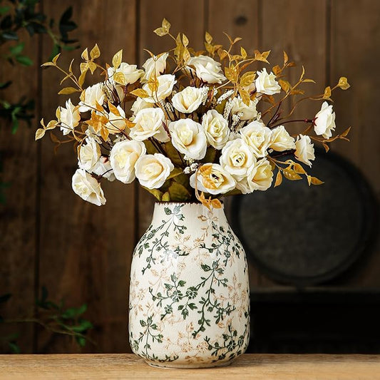 for Mom from Daughter or Son, Green & Beige Vintage Chinoiserie Ceramic Vase 7.8”, Floral Rustic Decorative Vase for Living Room, Bookshelf, Office, Grandmillennial & Tuscan Decor