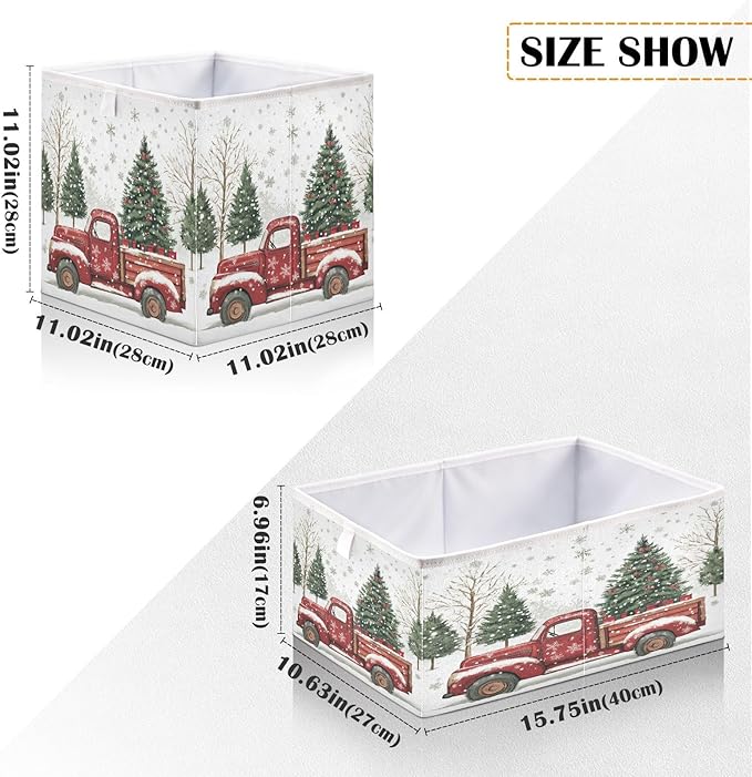 Red Truck Christmas Tree Fabric Storage Cubes Sturdy Shelf Closet Organizer Bin Decorative Storage Basket Box for Living Room Bathroom, 11x11 Inch