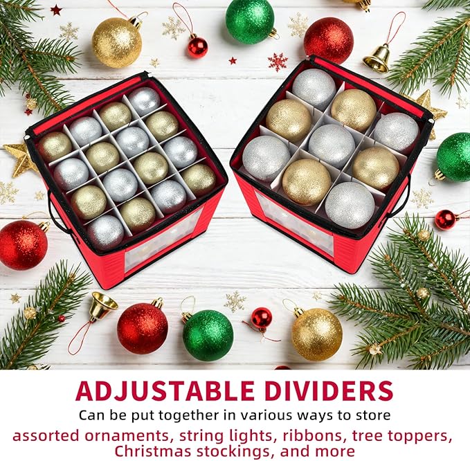 DIMESHY Christmas Ornament Storage Box With Adjustable Dividers,Ornament Storage Container with Two Handles for 64Holiday Decorations,Red