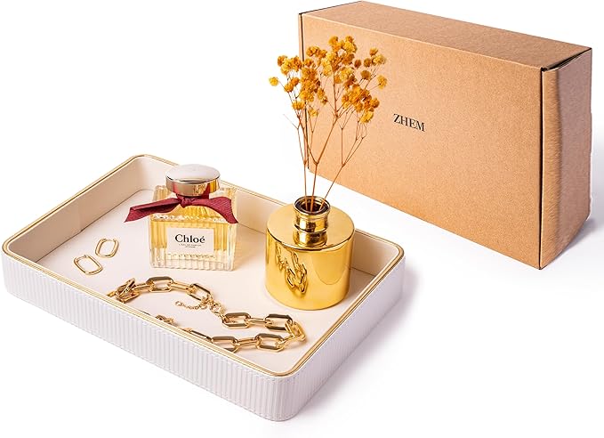 ZHEM Perfume Tray Valet Tray Night Stand Bedside Organizer| Perfume Organizer Catchall| Perfume Trays for Dresser Vanity Tray for Dresser Countertop| Perfume Holder (Beige)