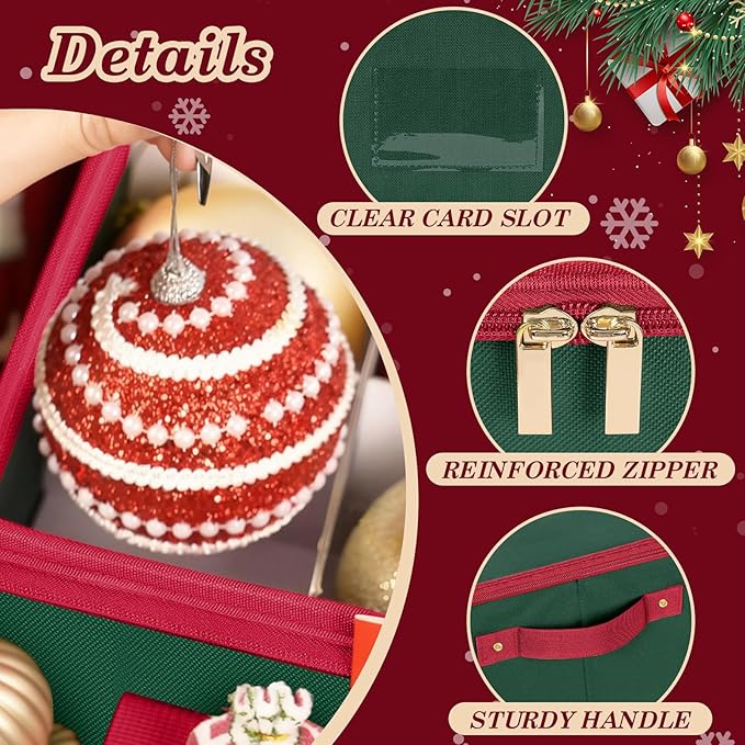 Christmas Ornament Storage Box with Adjustable Dividers Zippered Top Stores up to 72 Holiday Ornaments (3 Inch) Xmas Ball Decorations Organizer Storage Container Bin
