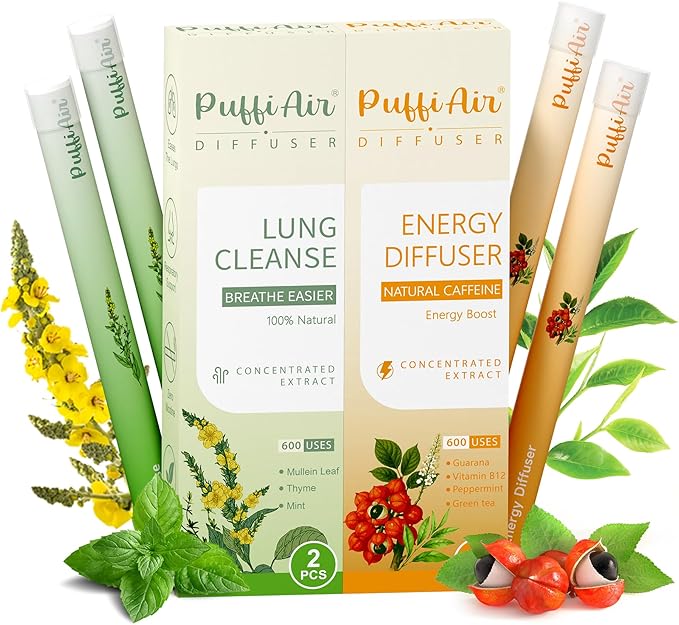 Herbal Diffuser Duo, Lung Cleanse and Energy Diffuser Pens with Extract of Mullein and Natural Caffeine, 100% Natural Swap, Home & Work Duo, 4 Sticks, 600 Uses Each