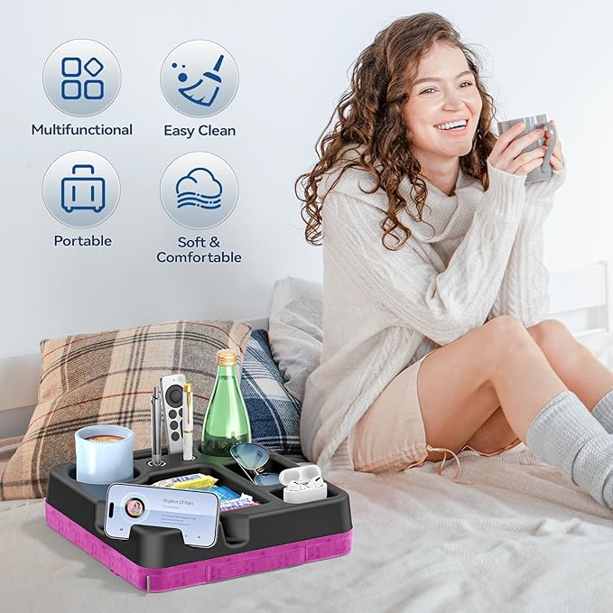 Couch Cup Holder Tray Couch Cup Holder Pillow Bed Tray Snack Sofa Bed Caddy Organizer Beach Sofa Drink Holder Anti-Spill Portable Snack Caddy Couch Remote Holder for Phone Pad Kindle Beverage Purple