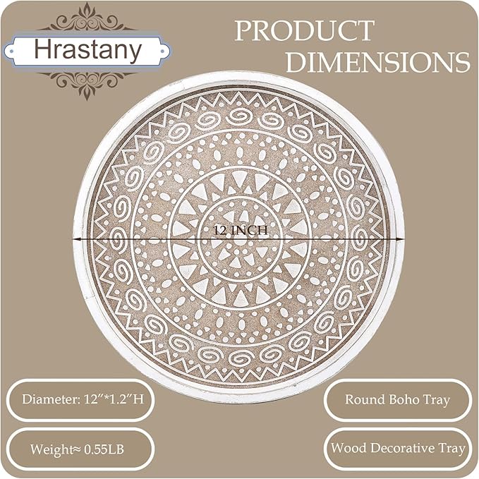 Hrastany Boho Round Wooden Decorative Tray, White Farmhouse Candles Tray for Home Decor, A Pattern