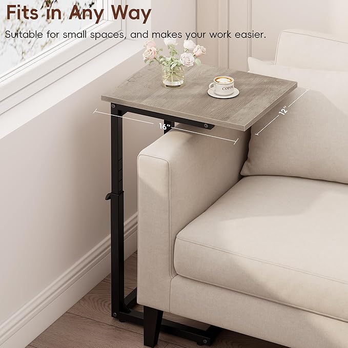 Vagusicc C Shaped End Table, Small Side Table for Couch, 33 "Tall C Table End Table Adjustable Height Couch Side Table, Tv Tray Table Sofa Table, Slide Under Couch Table for Living Room, Bedroom, Gray