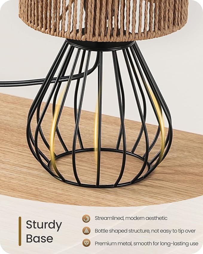 Rattan Table Lamp, Boho Table Lamp, Small Bedside Lamp, Handwoven Paper Lampshade, 2700K LED Bulb Included, Boho Desk Lamp, Modern Nightstand Lamp for Bedroom, Living Room, Striped SW06TL05