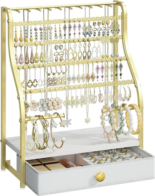 SWTYMIKI Earring Holder Organizer - Jewelry Organizer Stand with Necklace Hooks, Watch Rods, Nonwoven Drawer, Large Capacity Jewelry Display for Stud Earring Bracelet Necklace Ring, Gold