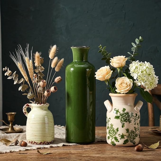 Ceramic Vases Set of 3,Farmhouse Vintage Rustic Boho Decorative Vases with Handles,Green & Beige Modern Neutral Pottery Vases for Table Centerpiece,Living Room,Mantel,Kitchen,Shelf,Entryway&Home Decor