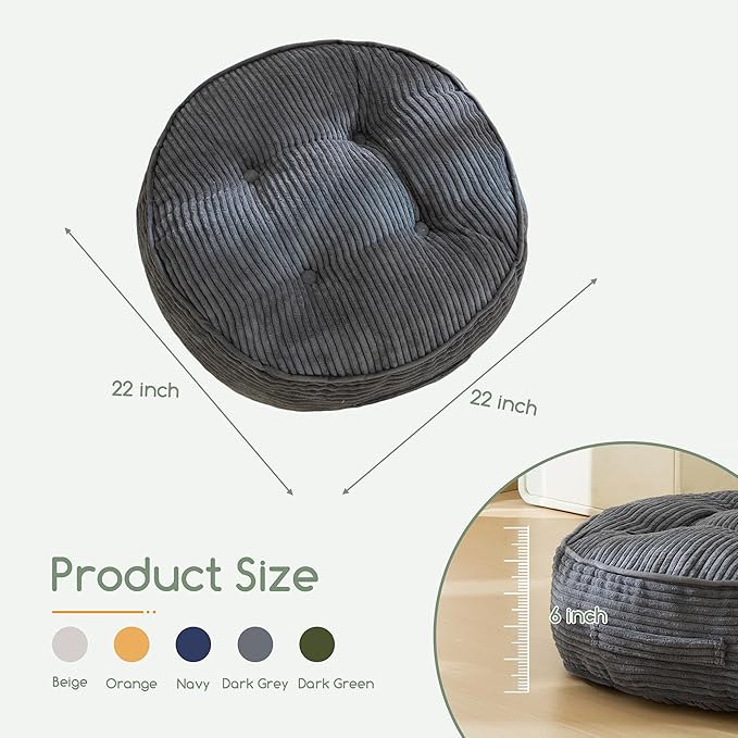 HIGOGOGO 6" Extra Thick Floor Pillow Cushion for Adults, Meditation Cushion Pillow, Large Round Floor Sitting, Tufted Corduroy Cover, for Tatami Living Room or Yoga, 22x22 Inch, 2Pack, Dark Grey