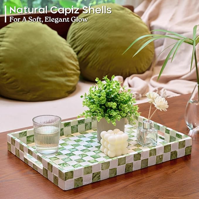CHI AN HOME 15.8" x 11.8" Decorative Rectangular Tray with Natural Capiz Shells, Checkered Tray with Handles, Serving Tray for Ottoman, Coffee Table, Kitchen Counter Home Decor (Pistachio Green)